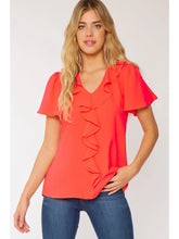 Load image into Gallery viewer, ORANGE Ruffled V Neck Short Sleeves Solid Woven Top

