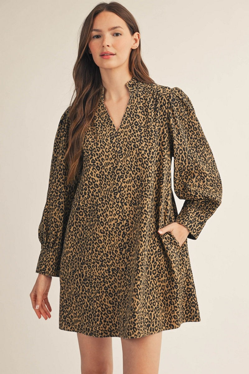 Ruffled Neckline Leopard Dress
