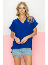 Load image into Gallery viewer, ROYAL BLUE Short Sleeve Relaxed Fit Woven V Neck Top
