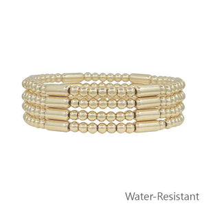 Gold Beaded with Gold Cylinder Set of 4 Stretch Bracelets