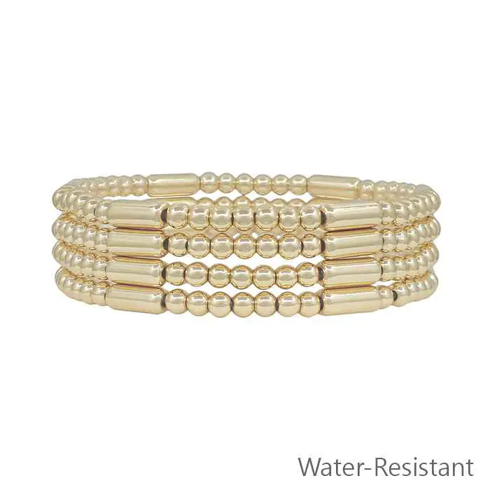 Gold Beaded with Gold Cylinder Set of 4 Stretch Bracelets