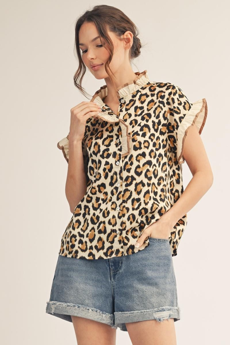 Leopard Ruffle Detail Satin Top