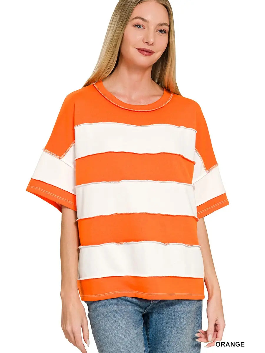 Orange French Terry Striped Exposed Seam Top
