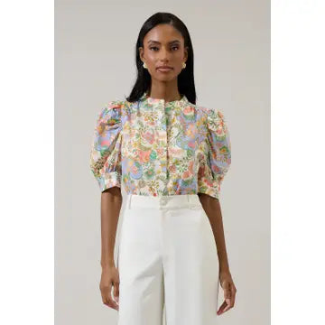 Cream and Yellow Drape Sleeve Top