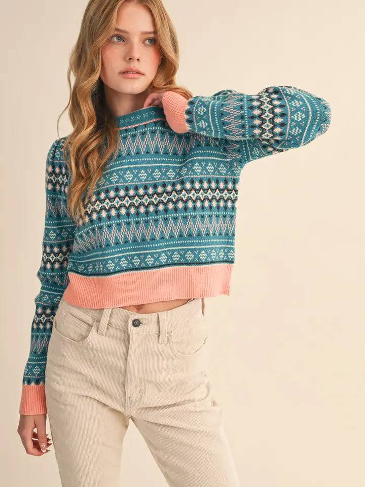 Fair Isle Cropped Sweater IN BLUE
