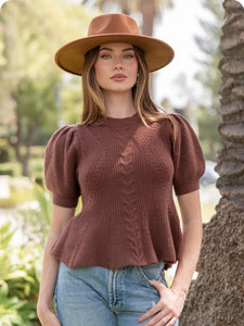 Flared Puff Sleeve Knit Top in chocolate
