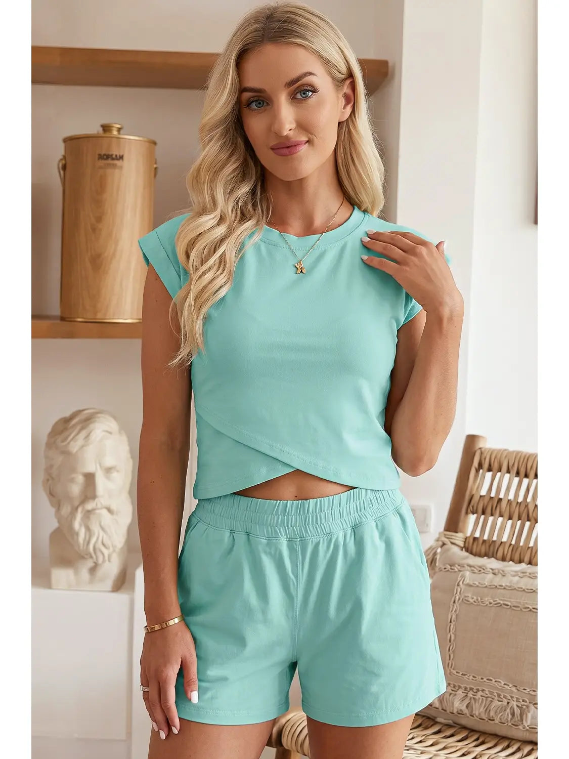 Mint Green Crossover Cropped Tee and Shorts Lounge Set