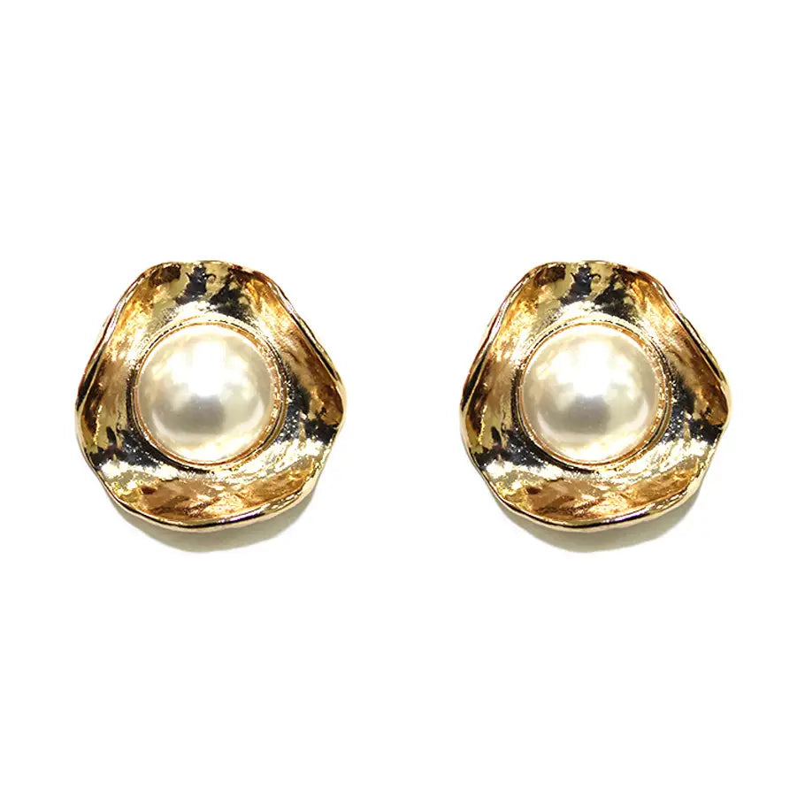 Gold Textured Geometric Circle with Pearl 1" Earrings