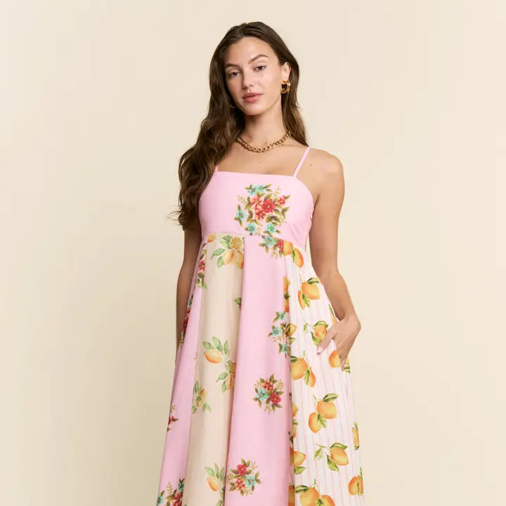 Yellow and Pink Multi Pattern Midi Dress