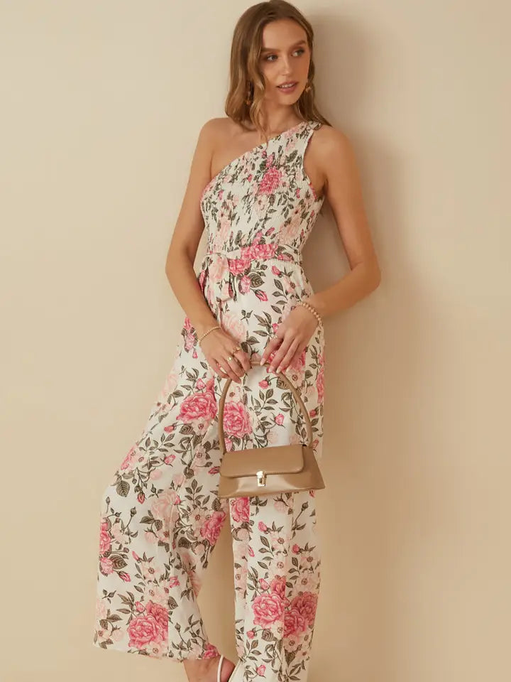 Pink Floral Smocked One Shoulder Jumpsuit