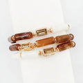 Brown and White Oval Stone and Crystal Beaded Set of 3 Stretch Bracelets