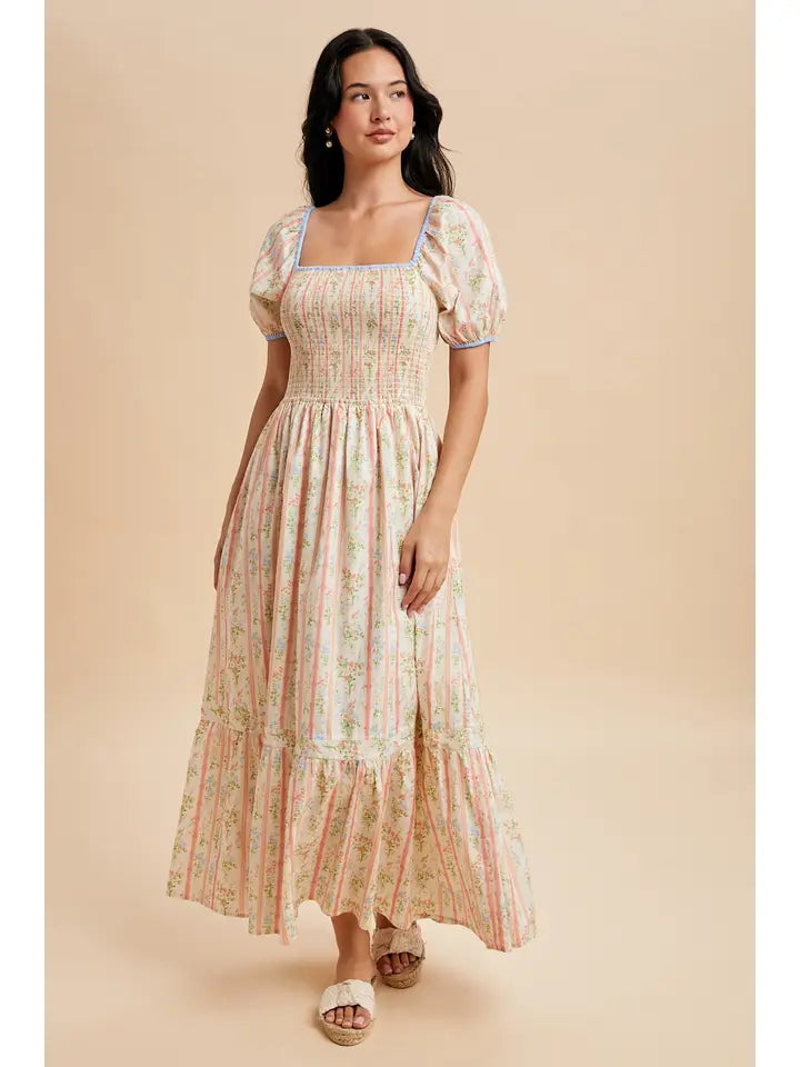 Cream Floral Smocked Maxi Dress