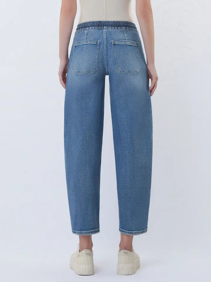 Vervet High Rise Elastic Waistband Wide Barrel Jeans