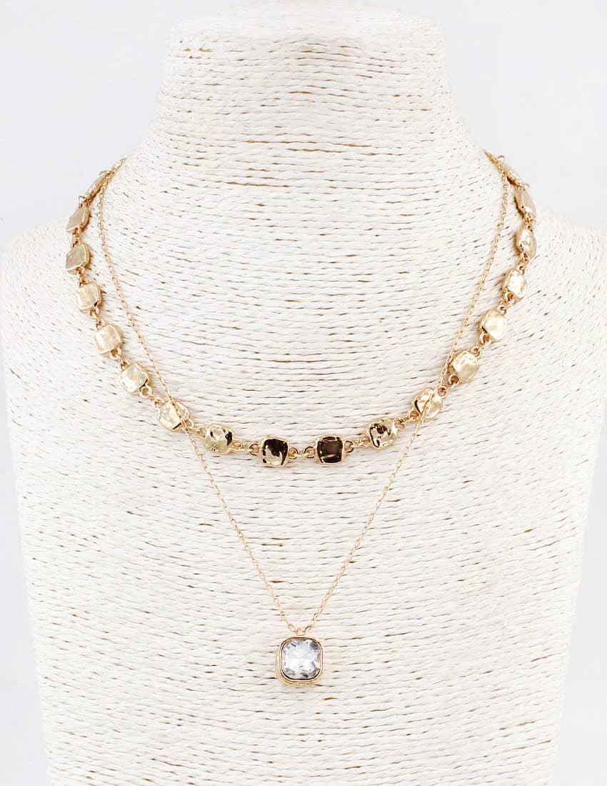 Two Layered  Hammered Square with Clear Crystal Drop 16