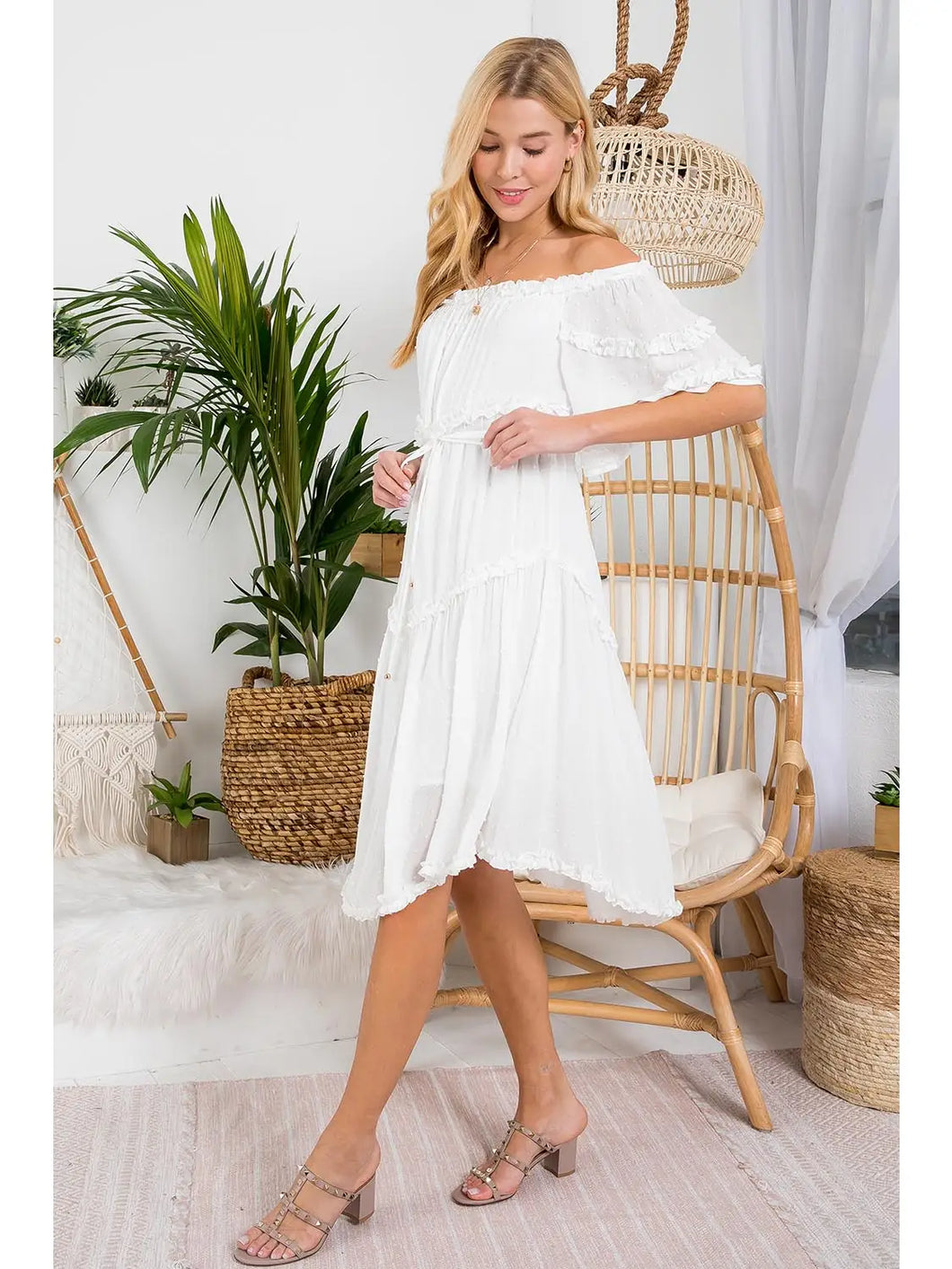 FRILL DETAIL OFF SHOULDER MIDI DRESS IN WHITE