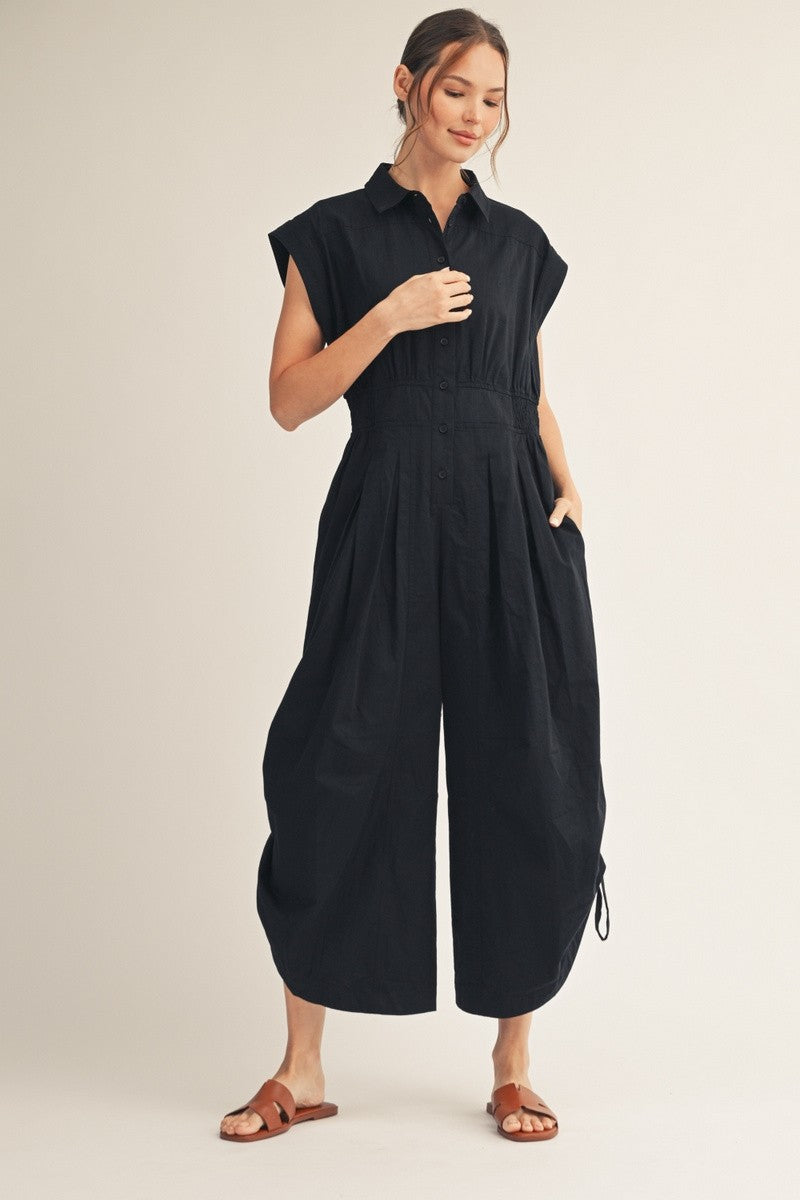 Side Drawstring Hem Detail Wide Leg Jumpsuit in Black