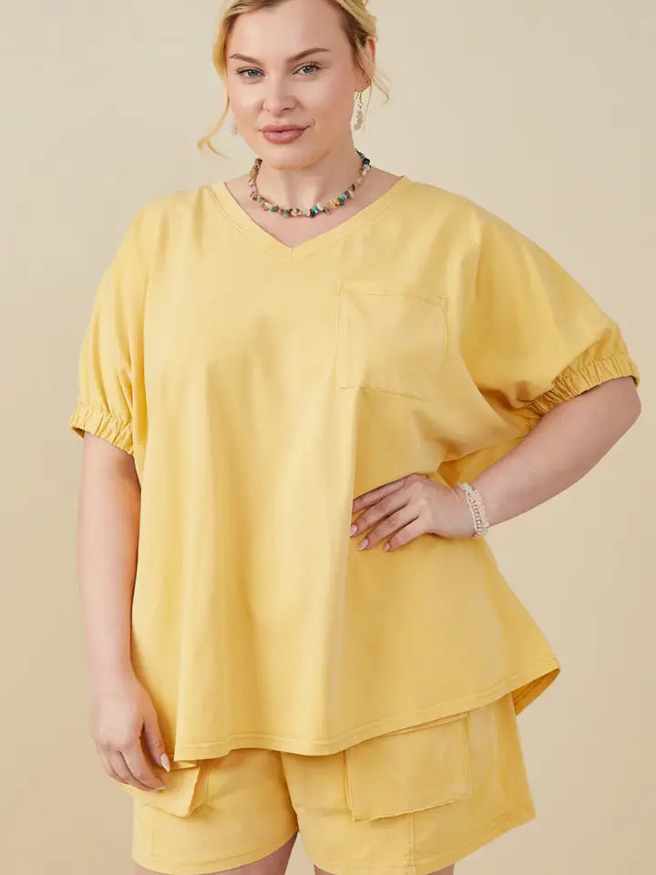 Yellow Washed V Neck Elastic Sleeve T Shirt