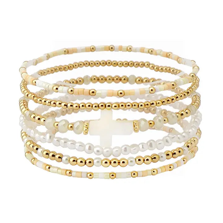 Set of 5 Gold Beaded with Natural Seed Bead and White Cross Stretch Bracelets