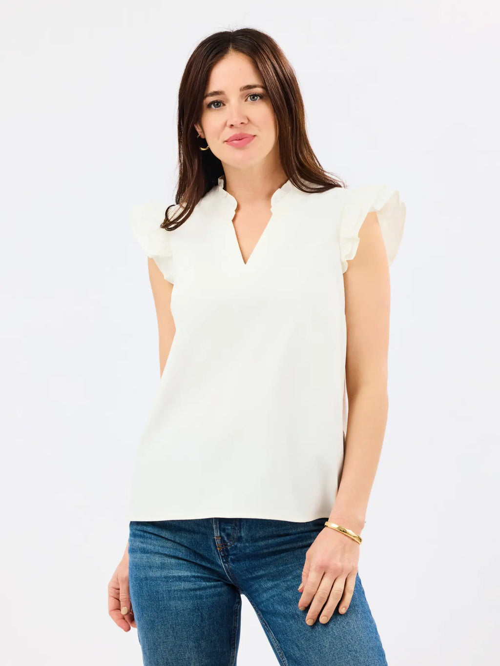White V-Neck Ruffle Detail Top