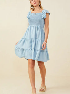 Smocked Detail Ruffled Sleeveless chambray denim Dress