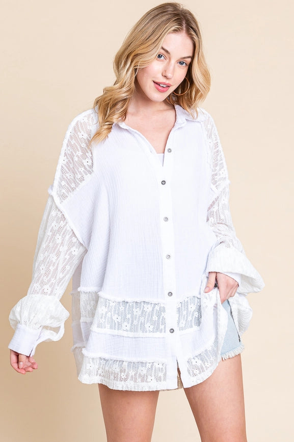 Washed Cotton Lace Mixed Oversized Shirt in White
