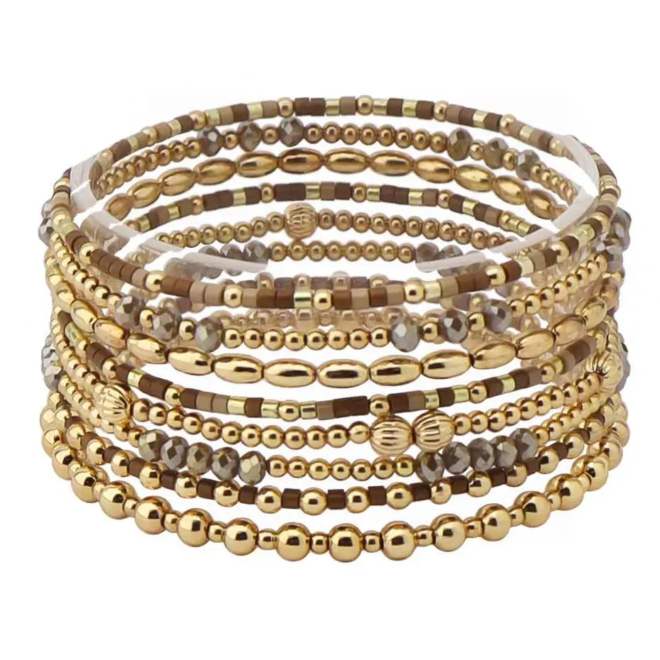 Brown Sead Bead and Gold Beaded Set of 9 Stretch Bracelet