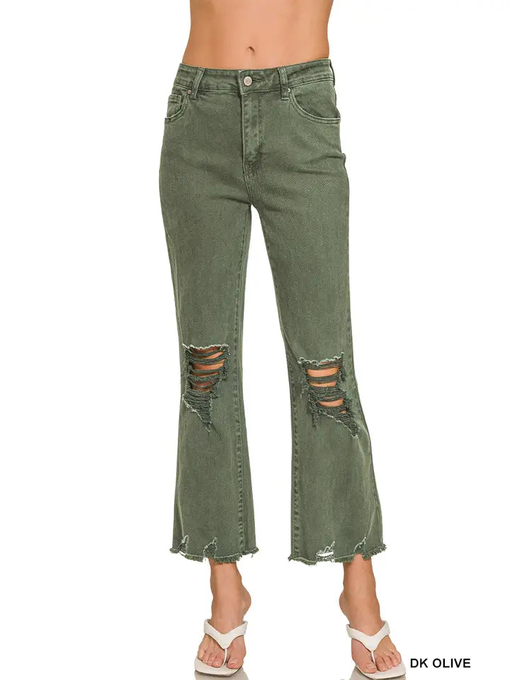 Dark Olive Acid Washed High Waist Distressed Pants