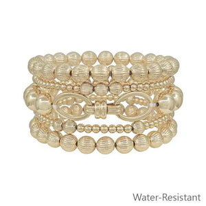 Water Resistant Set of 5 Gold Textured Beaded and Chain Stretch Bracelets