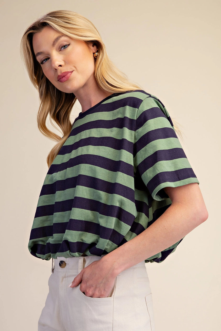 CROPPED BUBBLE STRIPE TOP IN NAVY + OLIVE