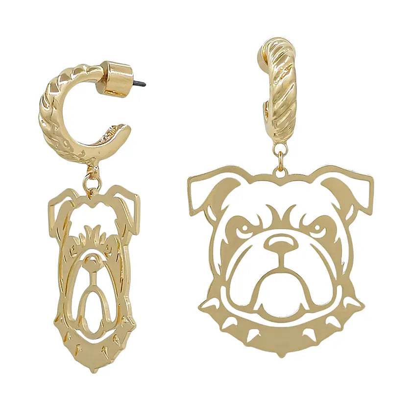Gold Open Cut Out Bulldog with Twisted Huggie Hoop 2" Earring