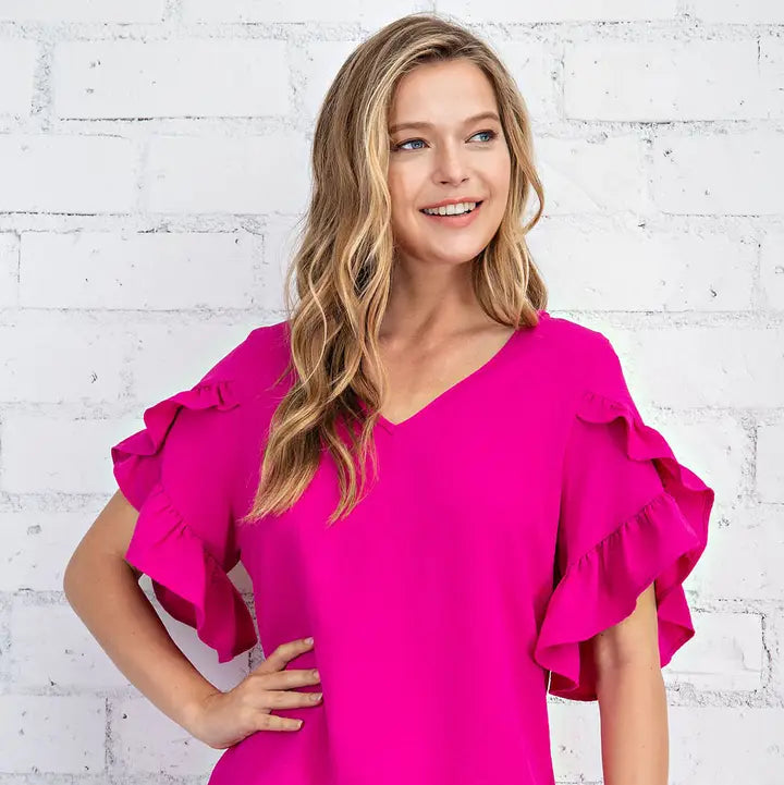 Ultra Hot Pink Ruffled Tulip Sleeve V Neck Top