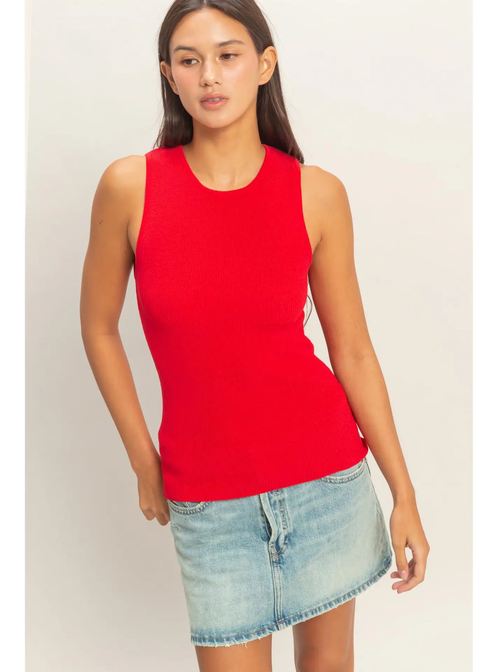 Red Ribbed Knit Tank Top