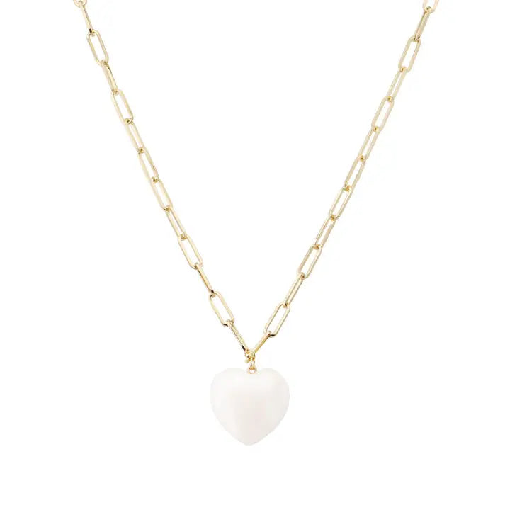 Gold Chain with White Natural Stone Heart 16"-18" Necklace