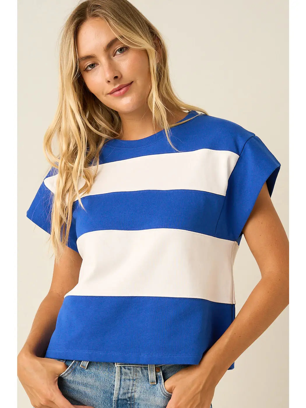 Royal and White Striped Short Cap Sleeve Boxy Top