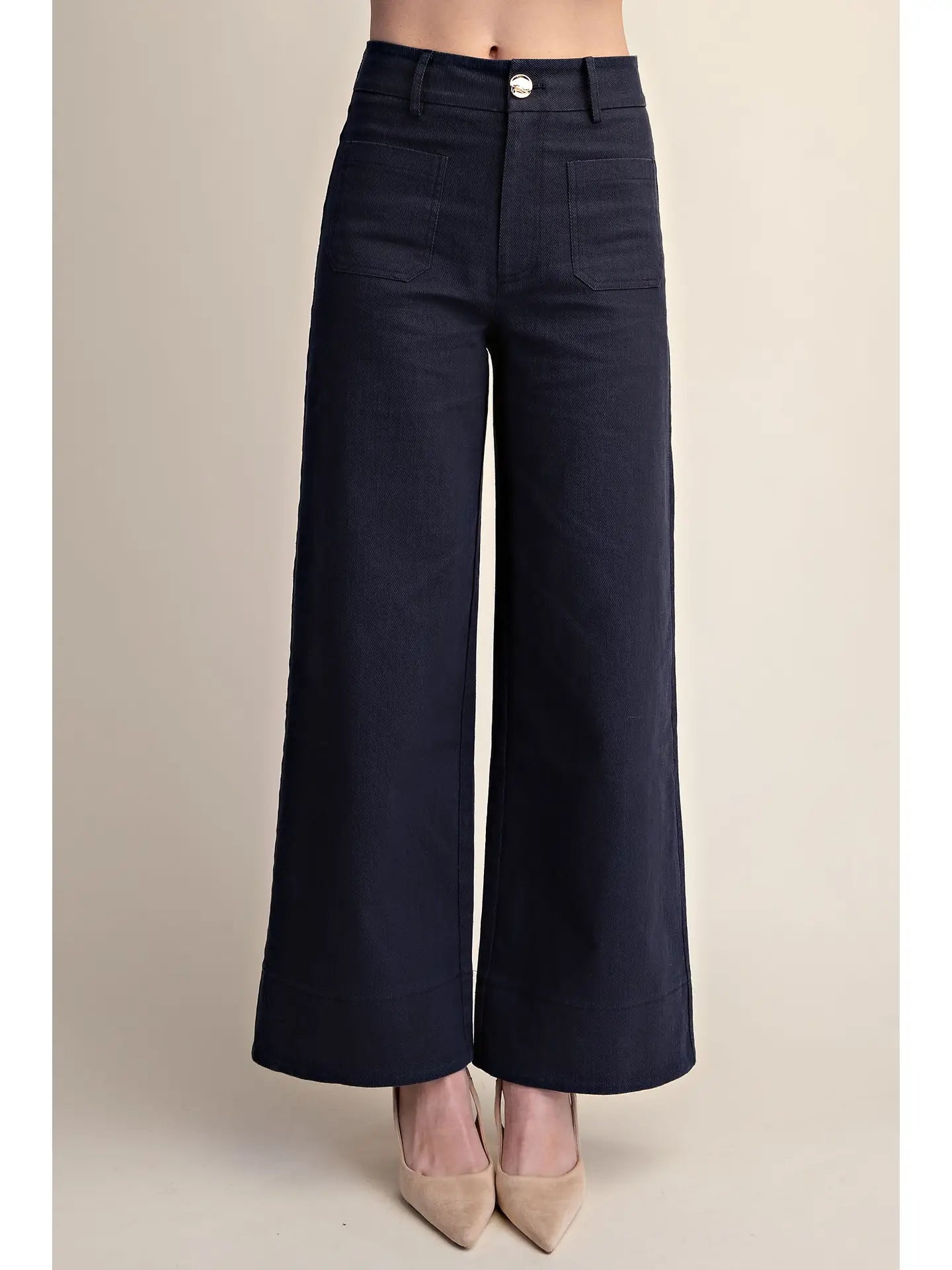 Navy Stretchy Jeans High Rise Front Pocket Wide Leg