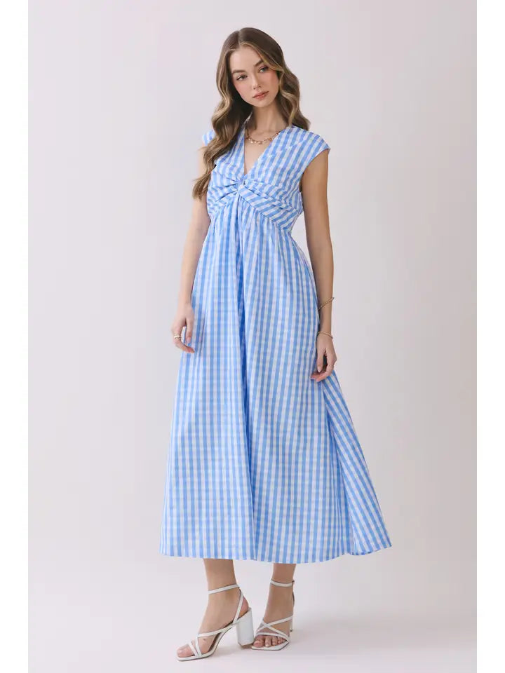 Blue Gingham Twist Front V Neckline Maxi Dress