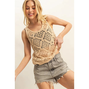 Open Stitch Scoop Neck Sleeveless Top