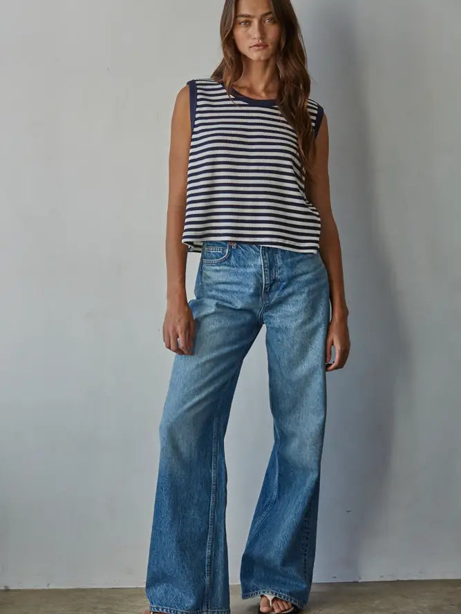 Navy Striped Ribbed Sleeveless Top
