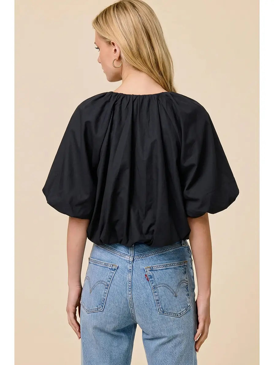 Balloon Poplin V-Neck Tie Blouse