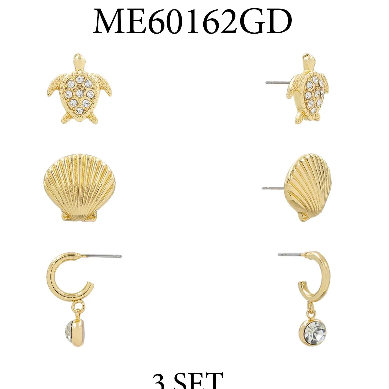 Set of 3 Gold Sealife Stud Earrings