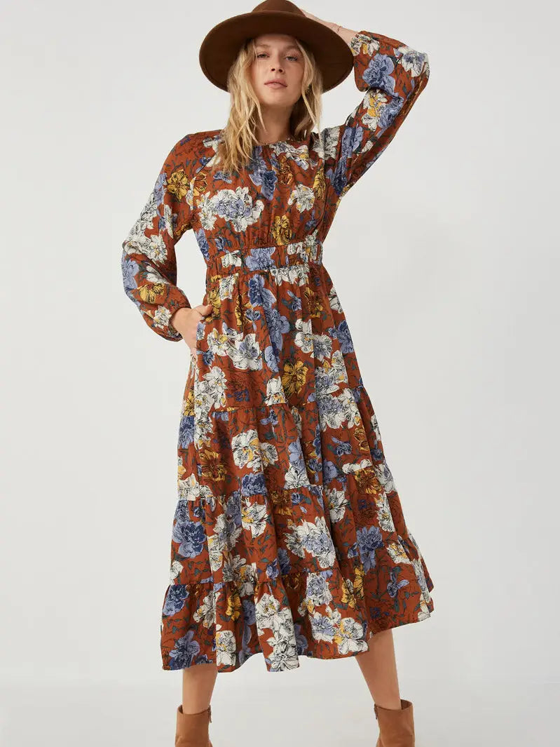 Womens rust Floral Puff Sleeve Dress