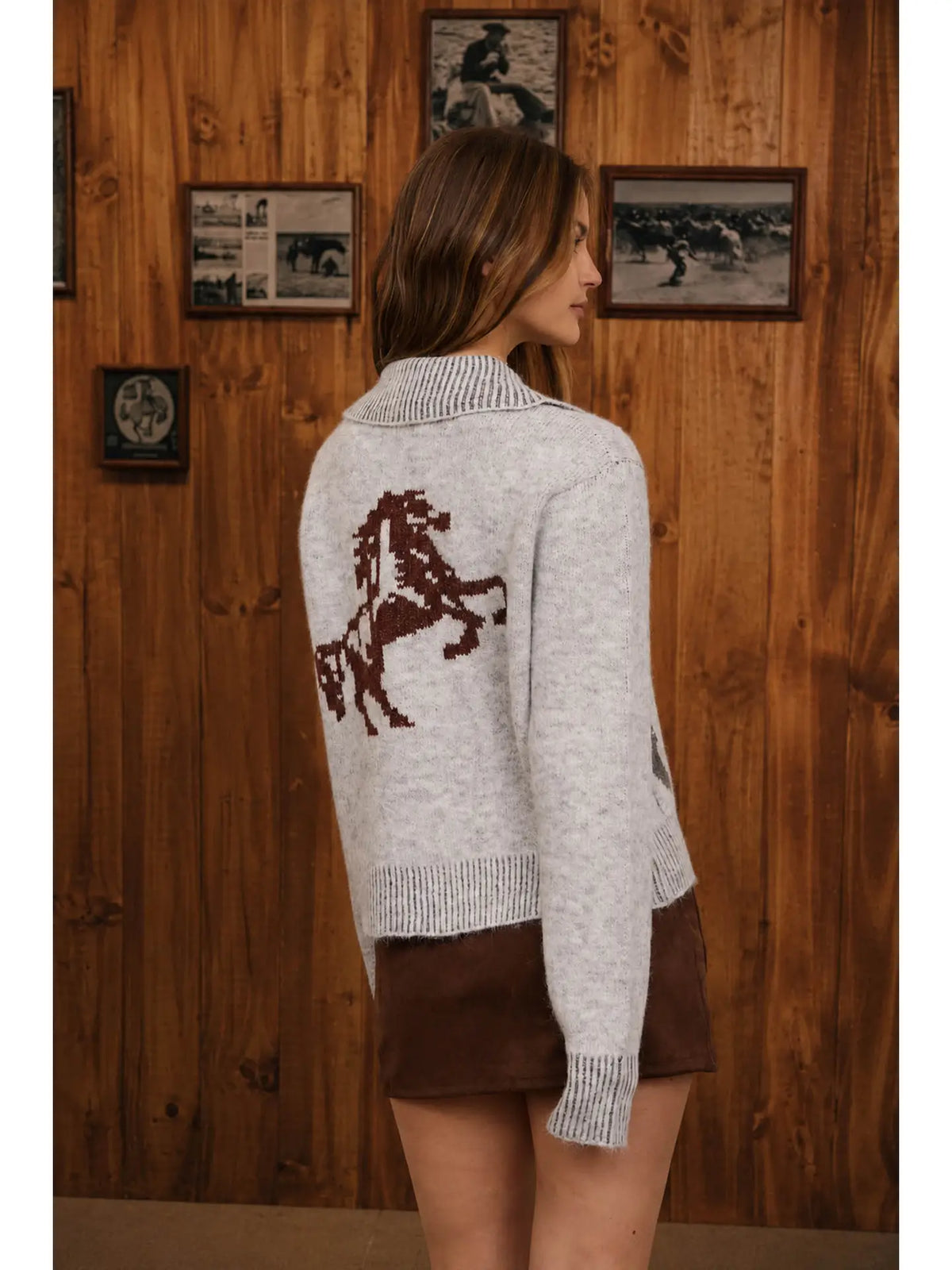Western Jacquard Collared Zip-Up Knit Cardigan in Heather Grey