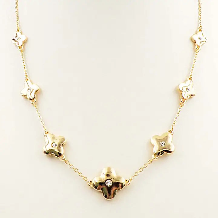 Gold Pointed Clover with Rhinestone 16"-18" Necklace
