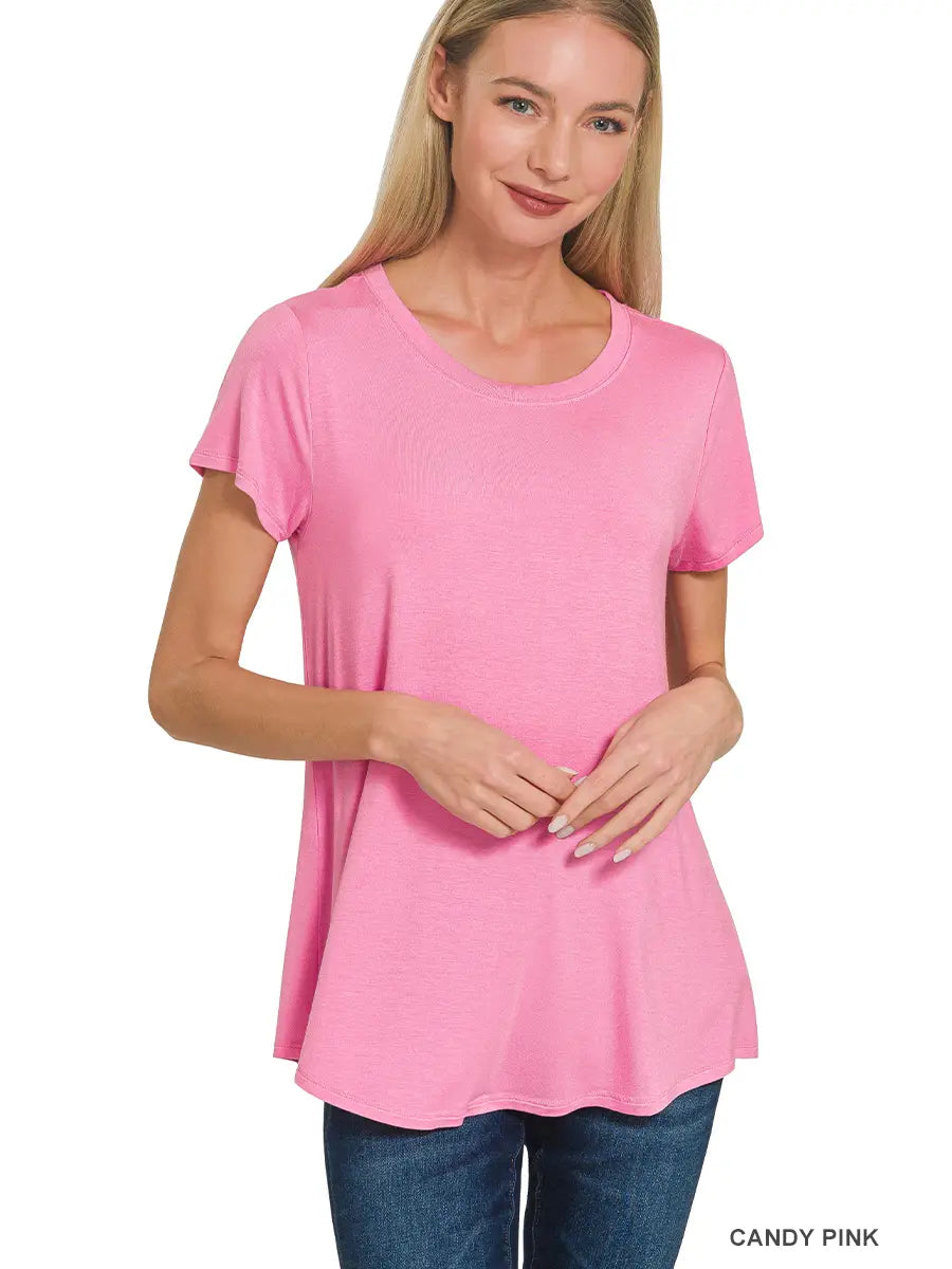 Candy Pink Flowy Round Hem Rayon Short Sleeve Top