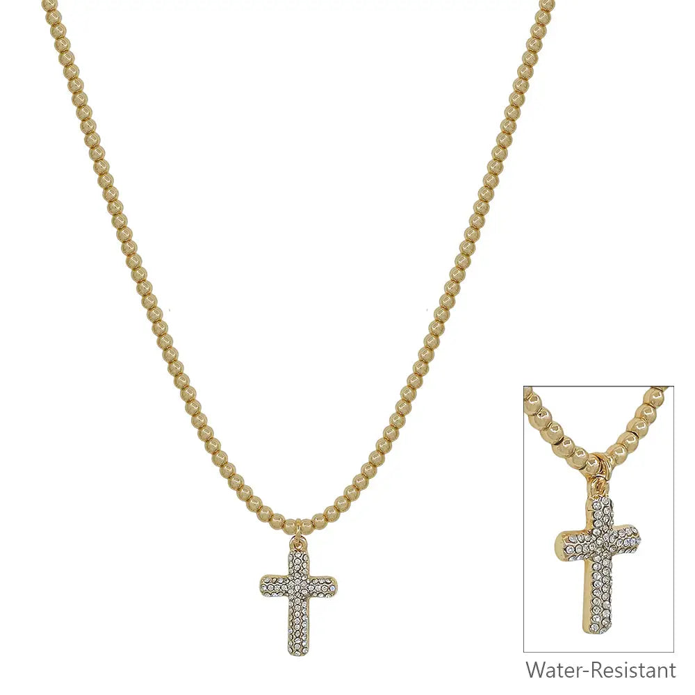 Water Resistant 3mm Gold Beaded with Rhinestone Cross Charm 16"-18" Necklace