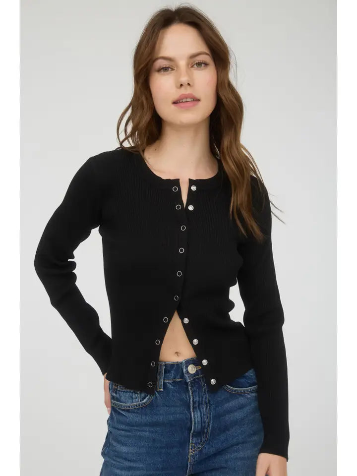 Black Snap Button Down Round Neck Knit Cardigan