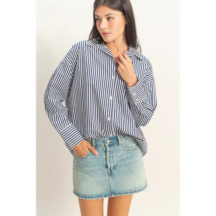 Navy Striped Button-Up Poplin Shirt