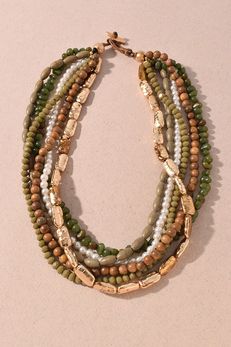 Olive Mixed Beaded Multi Strand Statement Necklace