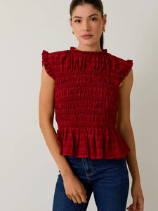 BURGUNDY Sleeveless Ruffle Neck Smocked Top