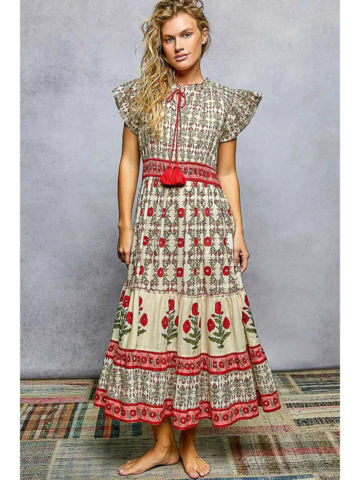 Floral Ruffle Sleeves Tassel Tie Maxi Dress